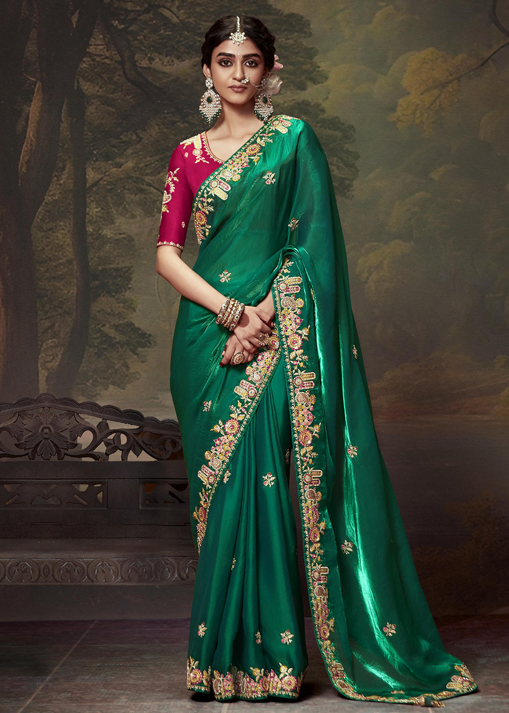 Buy Now Green Fancy Fabric Embroidered Festive Saree Online in USA, UK, France, Germany, Canada & Worldwide at Empress Clothing.