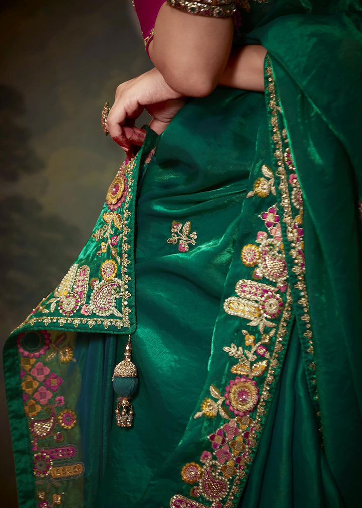 Buy Now Green Fancy Fabric Embroidered Festive Saree Online in USA, UK, France, Germany, Canada & Worldwide at Empress Clothing.