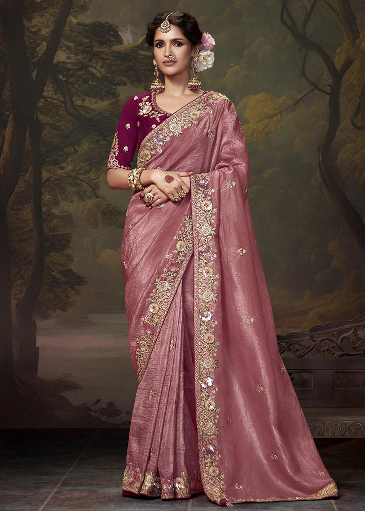 Buy Now Rose Pink Fancy Fabric Embroidered Festive Saree Online in USA, UK, France, Germany, Canada & Worldwide at Empress Clothing. 