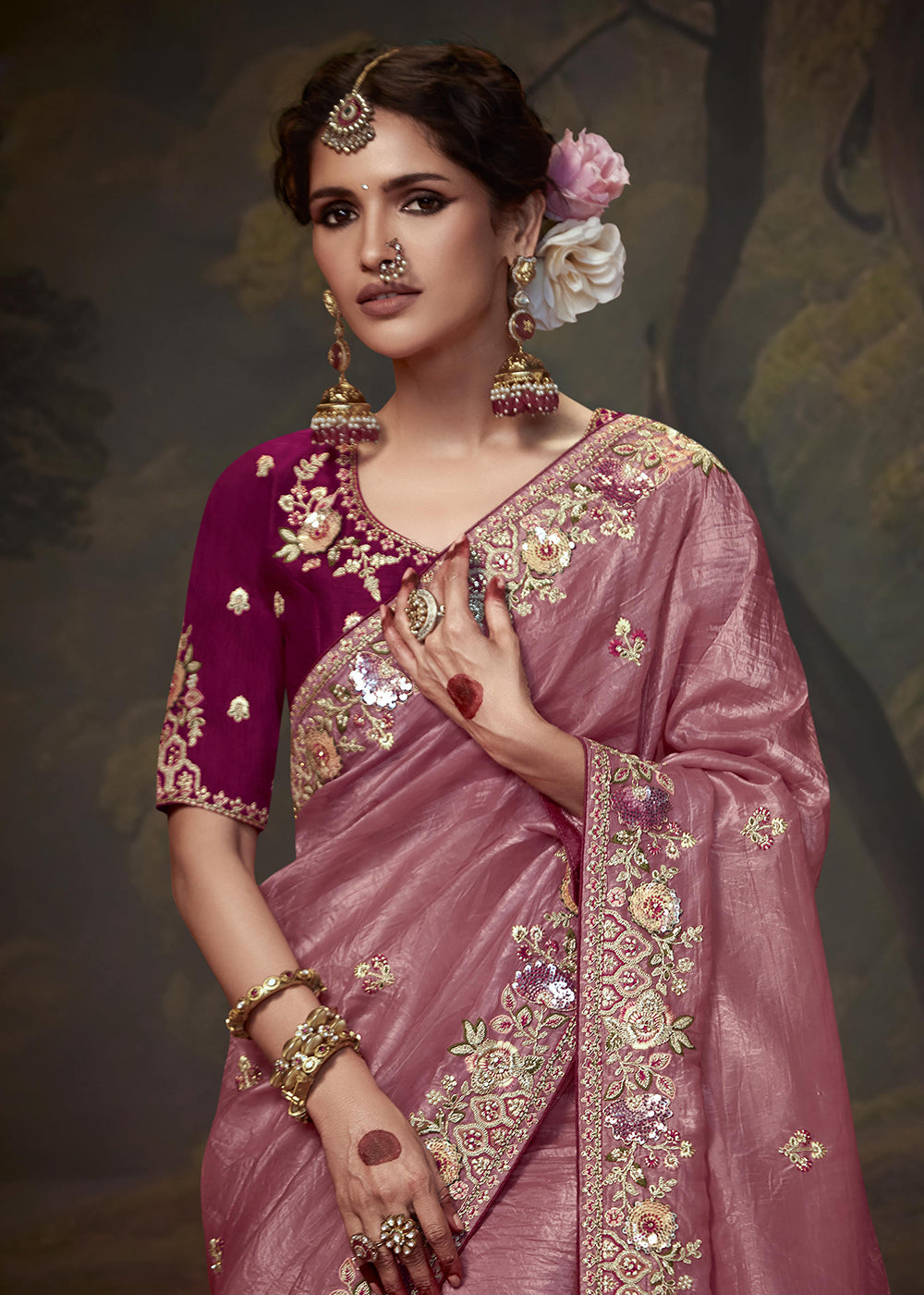 Buy Now Rose Pink Fancy Fabric Embroidered Festive Saree Online in USA, UK, France, Germany, Canada & Worldwide at Empress Clothing. 