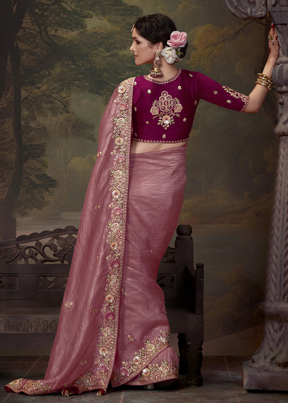 Buy Now Rose Pink Fancy Fabric Embroidered Festive Saree Online in USA, UK, France, Germany, Canada & Worldwide at Empress Clothing. 