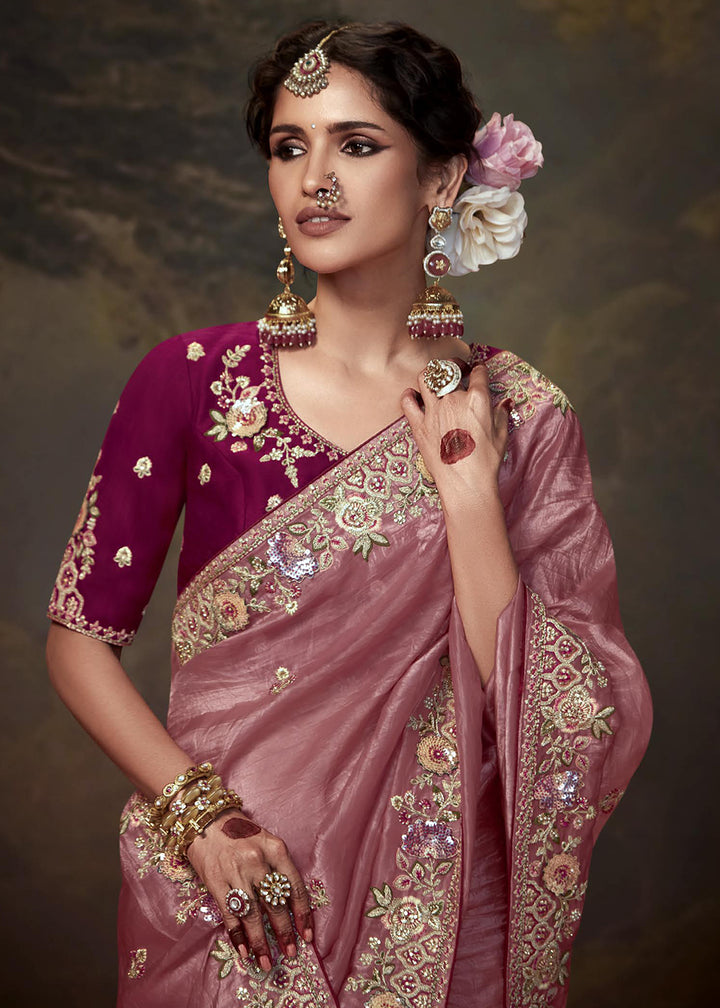 Buy Now Rose Pink Fancy Fabric Embroidered Festive Saree Online in USA, UK, France, Germany, Canada & Worldwide at Empress Clothing. 