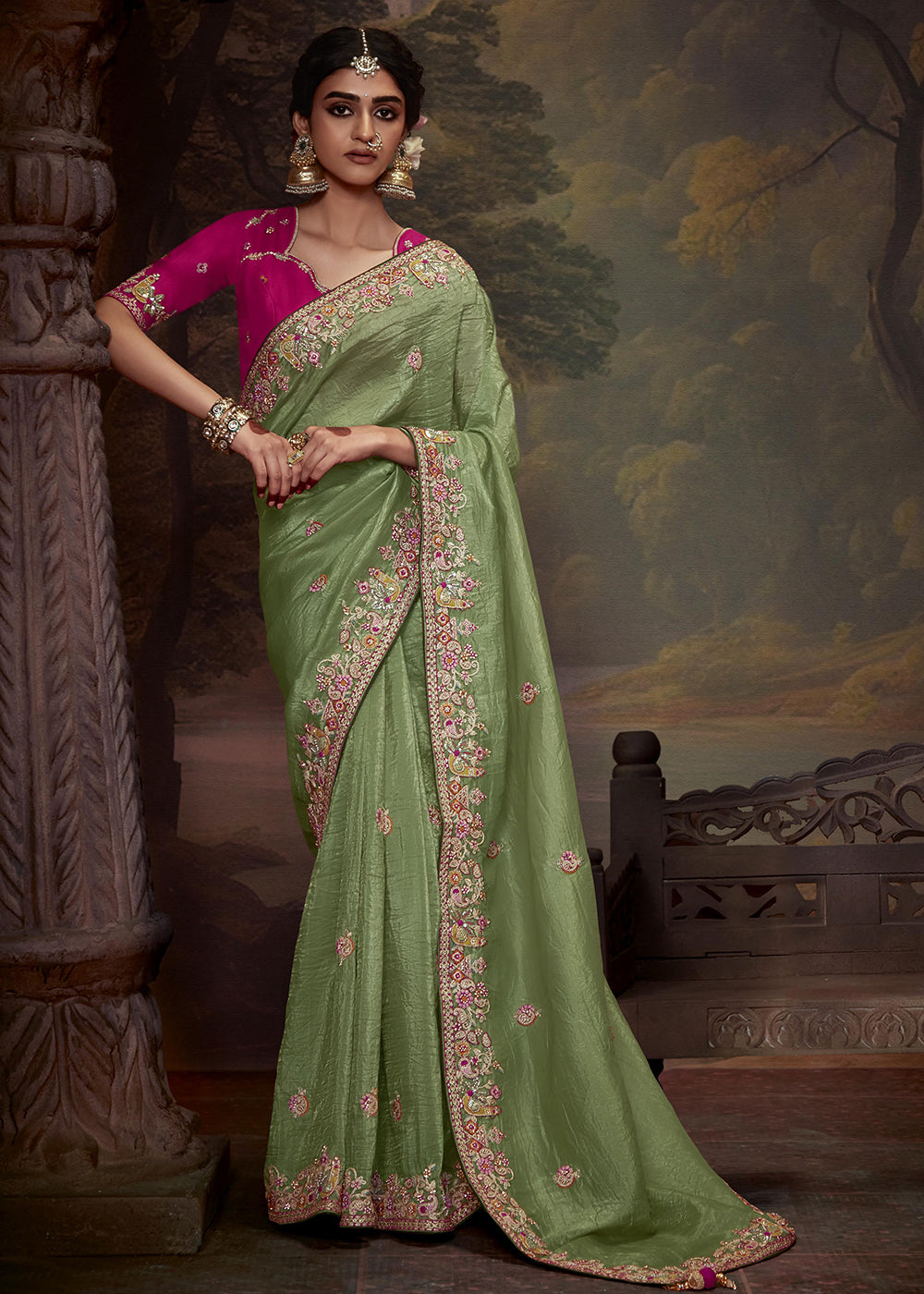 Buy Now Sage Green Fancy Fabric Embroidered Festive Saree Online in USA, UK, France, Germany, Canada & Worldwide at Empress Clothing.