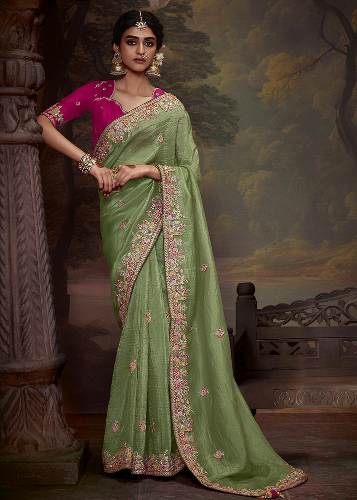 Buy Now Sage Green Fancy Fabric Embroidered Festive Saree Online in USA, UK, France, Germany, Canada & Worldwide at Empress Clothing.