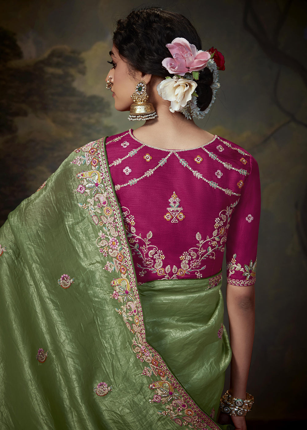 Buy Now Sage Green Fancy Fabric Embroidered Festive Saree Online in USA, UK, France, Germany, Canada & Worldwide at Empress Clothing.