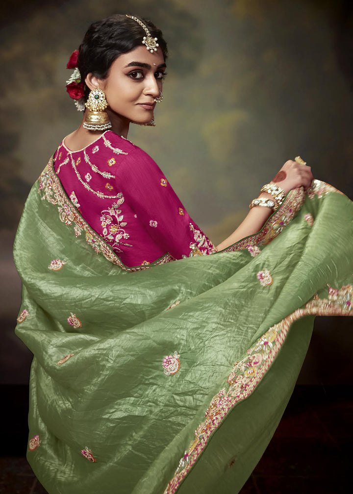 Buy Now Sage Green Fancy Fabric Embroidered Festive Saree Online in USA, UK, France, Germany, Canada & Worldwide at Empress Clothing.