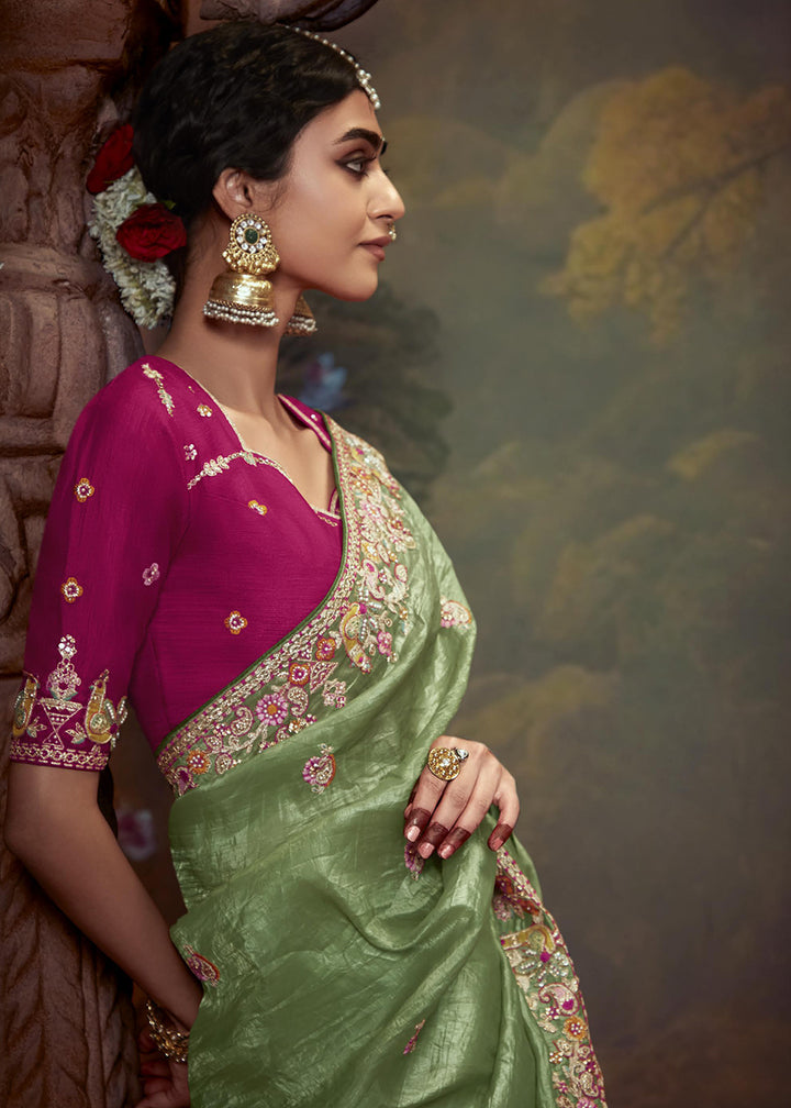 Buy Now Sage Green Fancy Fabric Embroidered Festive Saree Online in USA, UK, France, Germany, Canada & Worldwide at Empress Clothing.