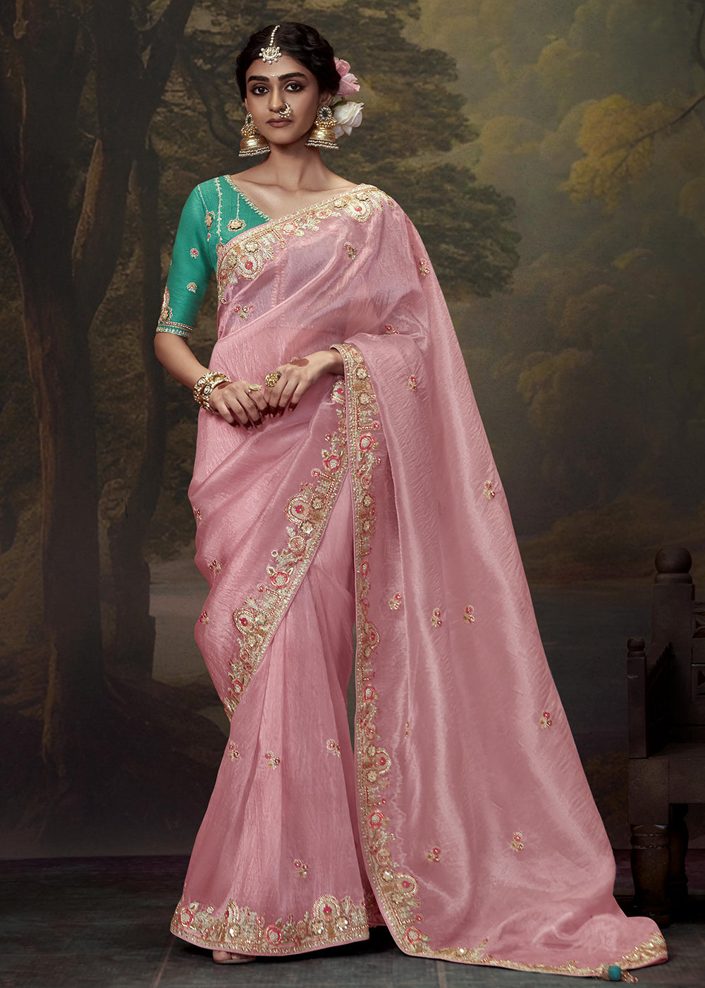 Buy Now Baby Pink Fancy Fabric Embroidered Festive Saree Online in USA, UK, France, Germany, Canada & Worldwide at Empress Clothing.