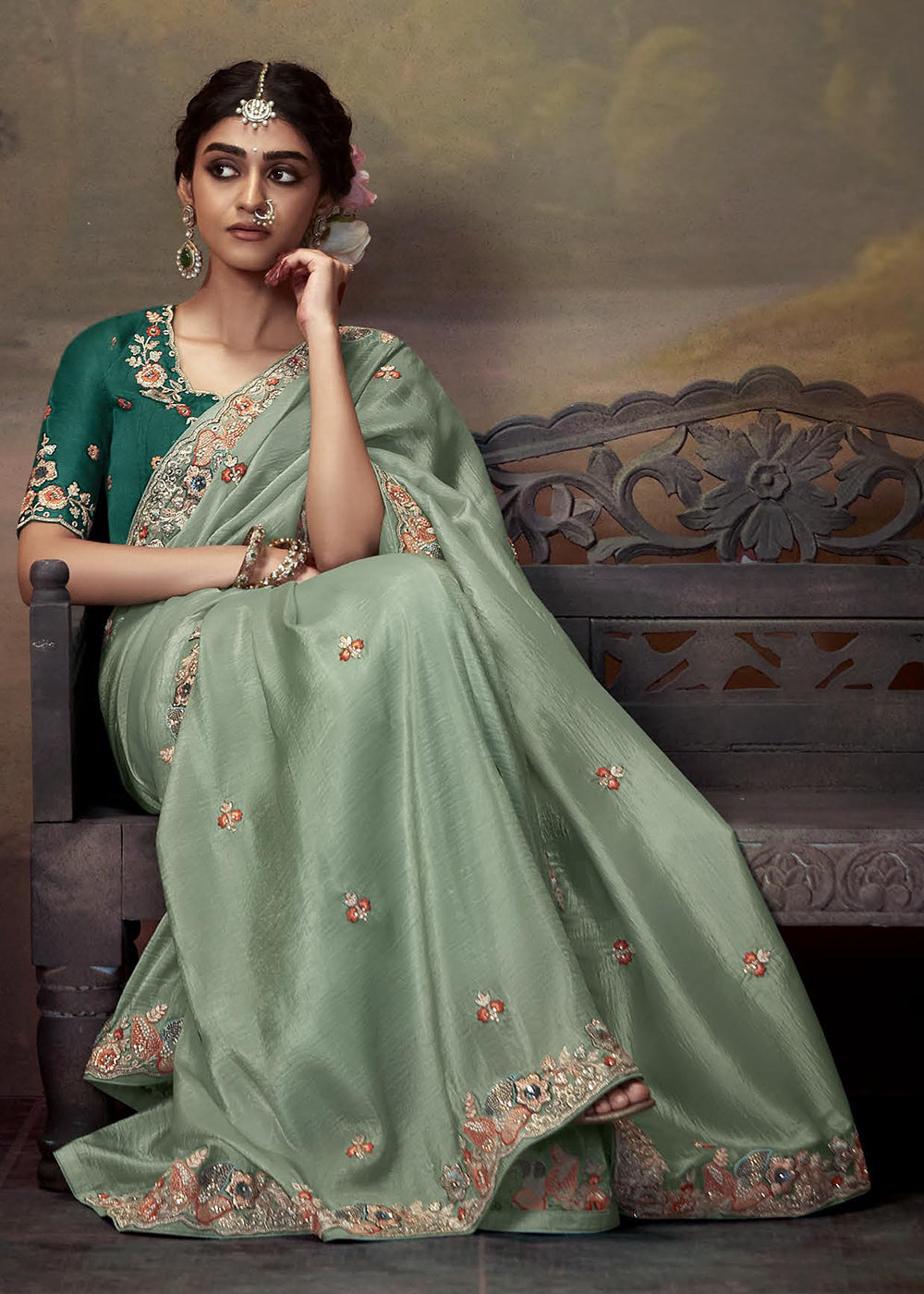 Buy Now Mint Teal Fancy Fabric Embroidered Festive Saree Online in USA, UK, France, Germany, Canada & Worldwide at Empress Clothing.