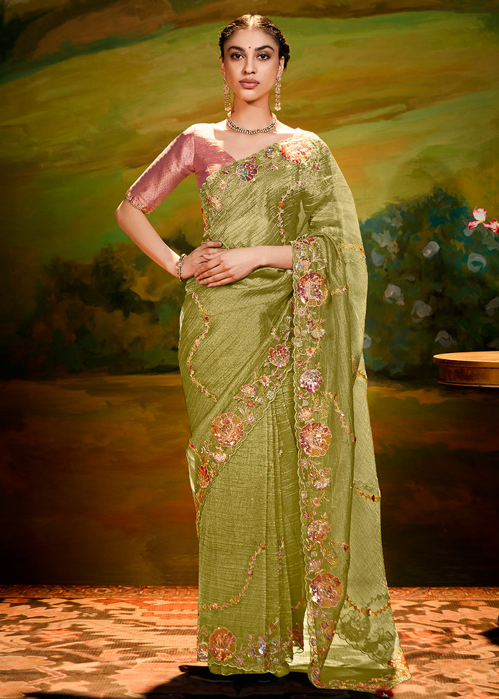 Buy Fancy Fabric Pista Green Festie Party Designer Saree Online in USA, UK, Canada, Spain, France, Germany, Italy, Austria, UAE & Worldwide at Empress Clothing.