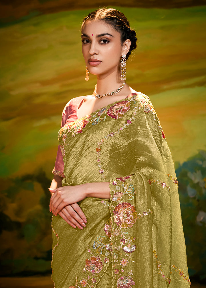 Buy Fancy Fabric Pista Green Festie Party Designer Saree Online in USA, UK, Canada, Spain, France, Germany, Italy, Austria, UAE & Worldwide at Empress Clothing.