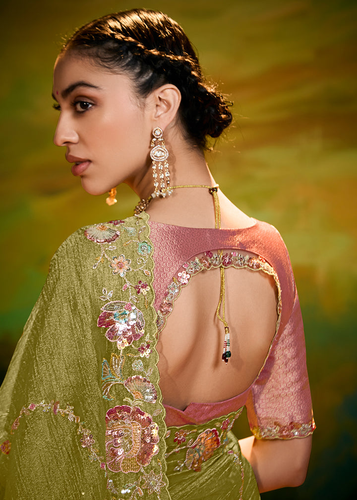 Buy Fancy Fabric Pista Green Festie Party Designer Saree Online in USA, UK, Canada, Spain, France, Germany, Italy, Austria, UAE & Worldwide at Empress Clothing.