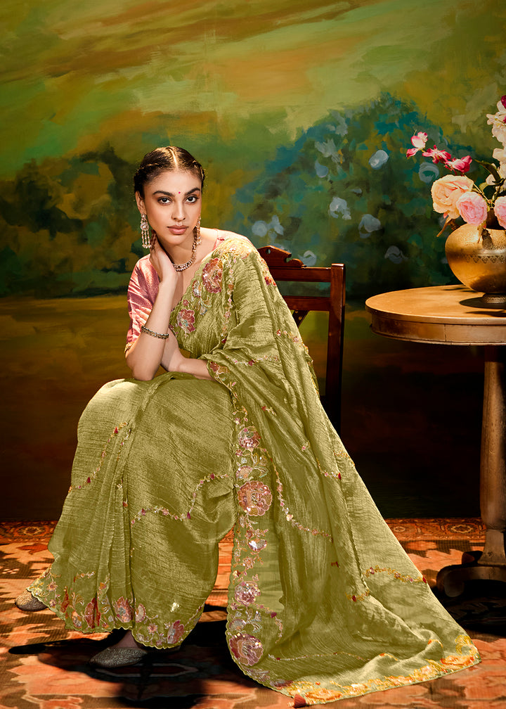Buy Fancy Fabric Pista Green Festie Party Designer Saree Online in USA, UK, Canada, Spain, France, Germany, Italy, Austria, UAE & Worldwide at Empress Clothing.