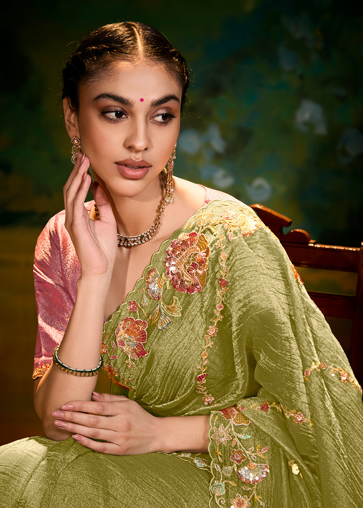 Buy Fancy Fabric Pista Green Festie Party Designer Saree Online in USA, UK, Canada, Spain, France, Germany, Italy, Austria, UAE & Worldwide at Empress Clothing.