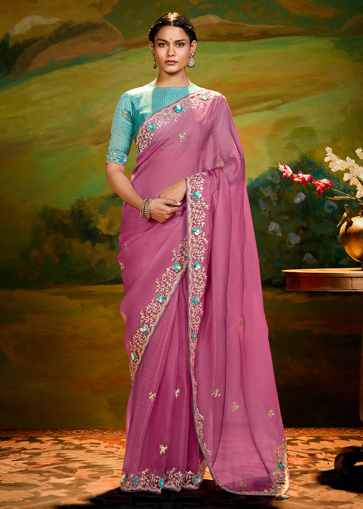 Buy Fancy Fabric Onion Pink Festie Party Designer Saree Online in USA, UK, Canada, Spain, France, Germany, Italy, Austria, UAE & Worldwide at Empress Clothing.