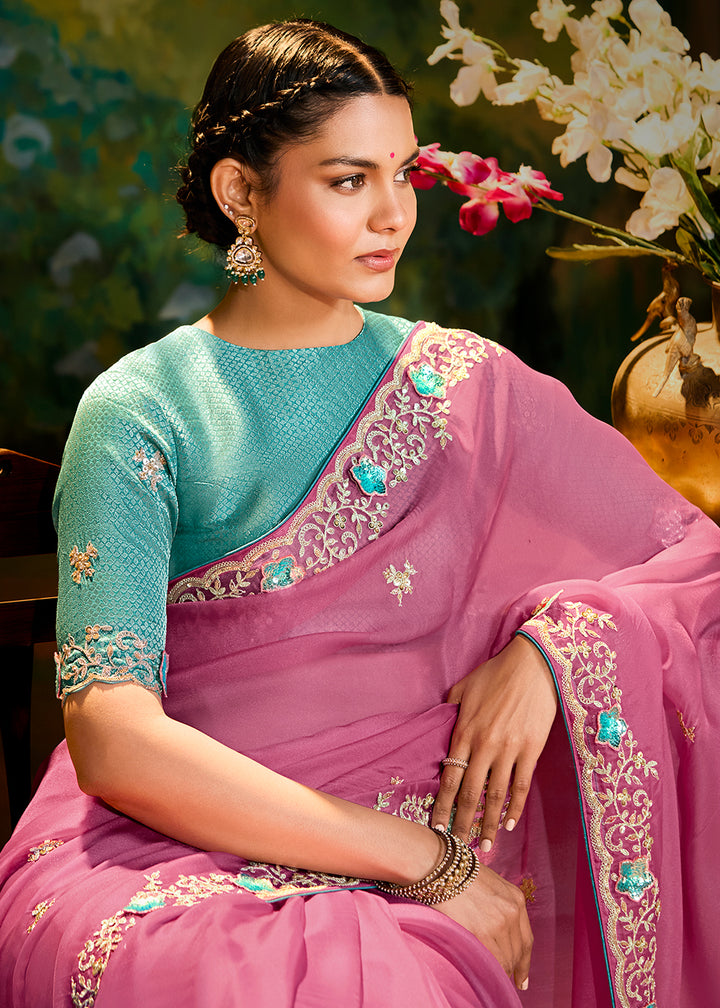 Buy Fancy Fabric Onion Pink Festie Party Designer Saree Online in USA, UK, Canada, Spain, France, Germany, Italy, Austria, UAE & Worldwide at Empress Clothing.