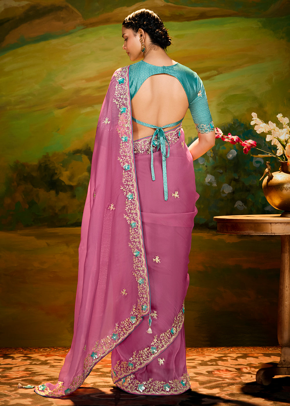 Buy Fancy Fabric Onion Pink Festie Party Designer Saree Online in USA, UK, Canada, Spain, France, Germany, Italy, Austria, UAE & Worldwide at Empress Clothing.