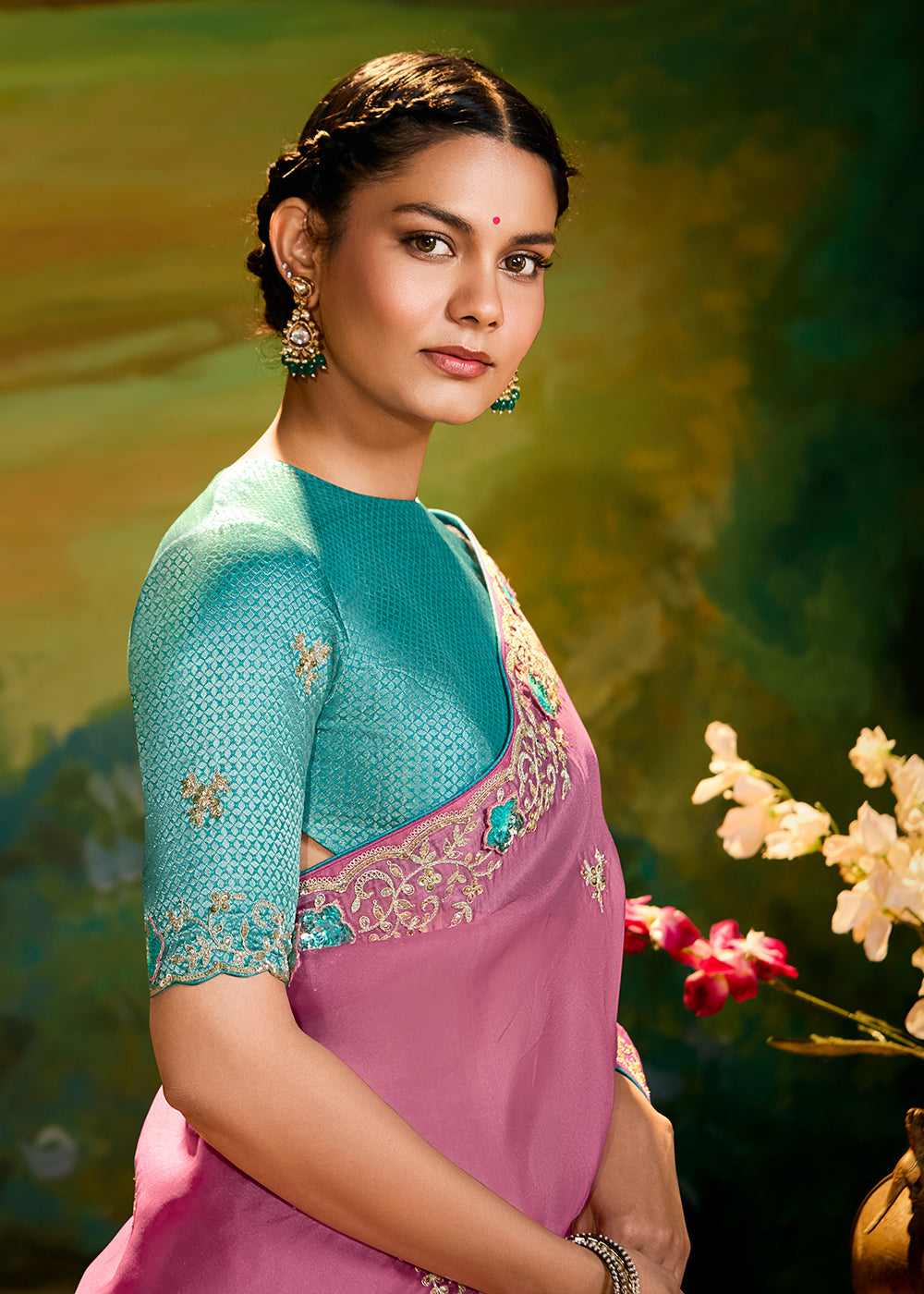 Buy Fancy Fabric Onion Pink Festie Party Designer Saree Online in USA, UK, Canada, Spain, France, Germany, Italy, Austria, UAE & Worldwide at Empress Clothing.