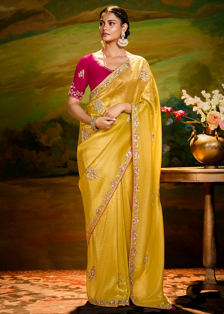 Buy Fancy Fabric Yellow Festie Party Designer Saree Online in USA, UK, Canada, Spain, France, Germany, Italy, Austria, UAE & Worldwide at Empress Clothing.