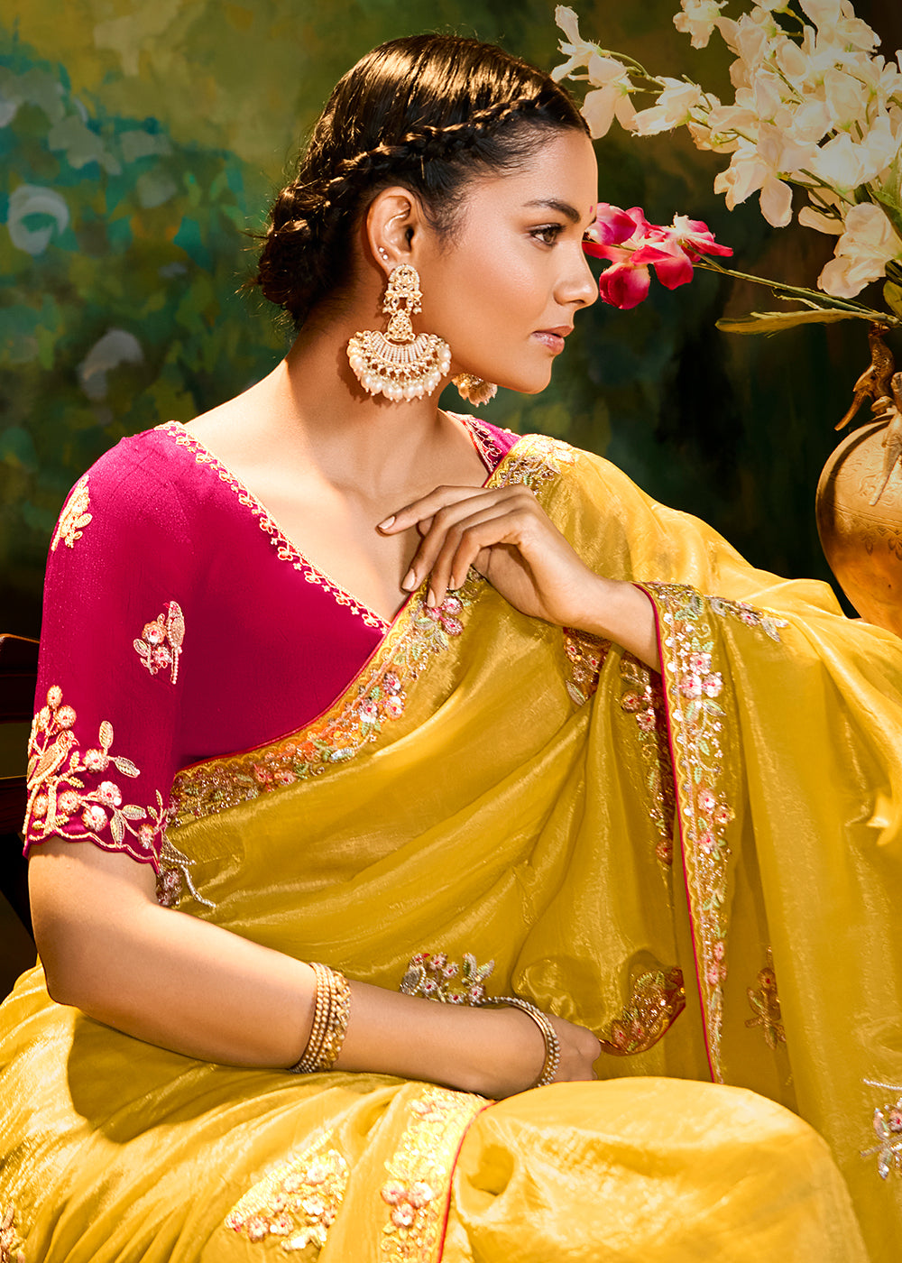 Buy Fancy Fabric Yellow Festie Party Designer Saree Online in USA, UK, Canada, Spain, France, Germany, Italy, Austria, UAE & Worldwide at Empress Clothing.