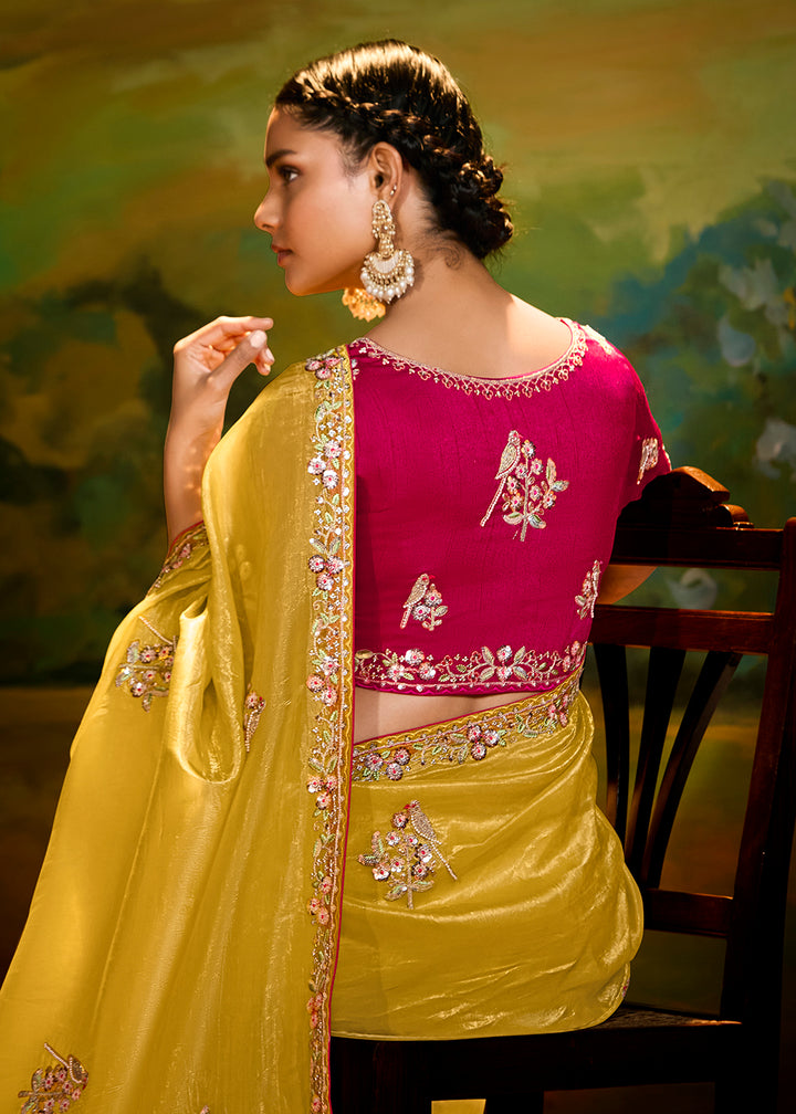 Buy Fancy Fabric Yellow Festie Party Designer Saree Online in USA, UK, Canada, Spain, France, Germany, Italy, Austria, UAE & Worldwide at Empress Clothing.