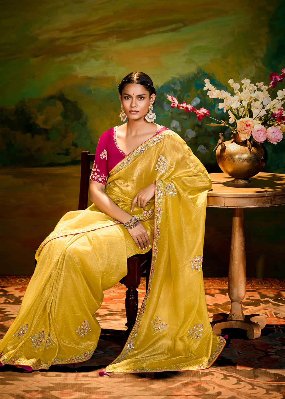 Buy Fancy Fabric Yellow Festie Party Designer Saree Online in USA, UK, Canada, Spain, France, Germany, Italy, Austria, UAE & Worldwide at Empress Clothing.
