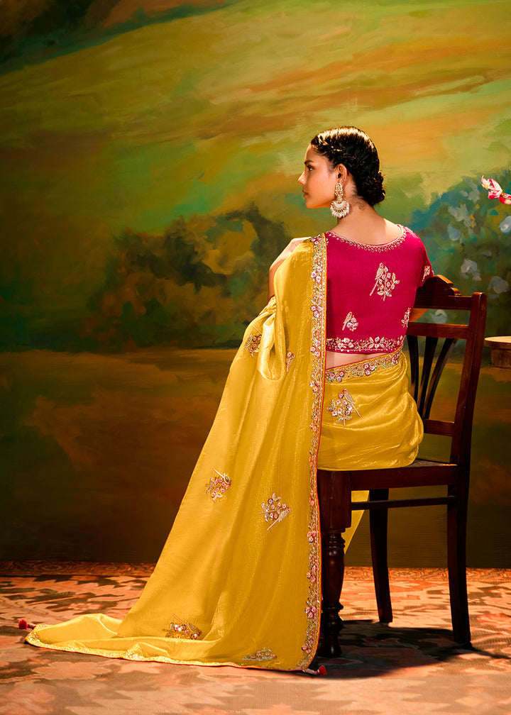 Buy Fancy Fabric Yellow Festie Party Designer Saree Online in USA, UK, Canada, Spain, France, Germany, Italy, Austria, UAE & Worldwide at Empress Clothing.