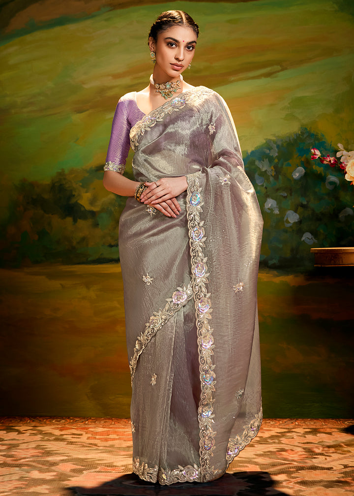 Buy Fancy Fabric Dusty Grey Festie Party Designer Saree Online in USA, UK, Canada, Spain, France, Germany, Italy, Austria, UAE & Worldwide at Empress Clothing.