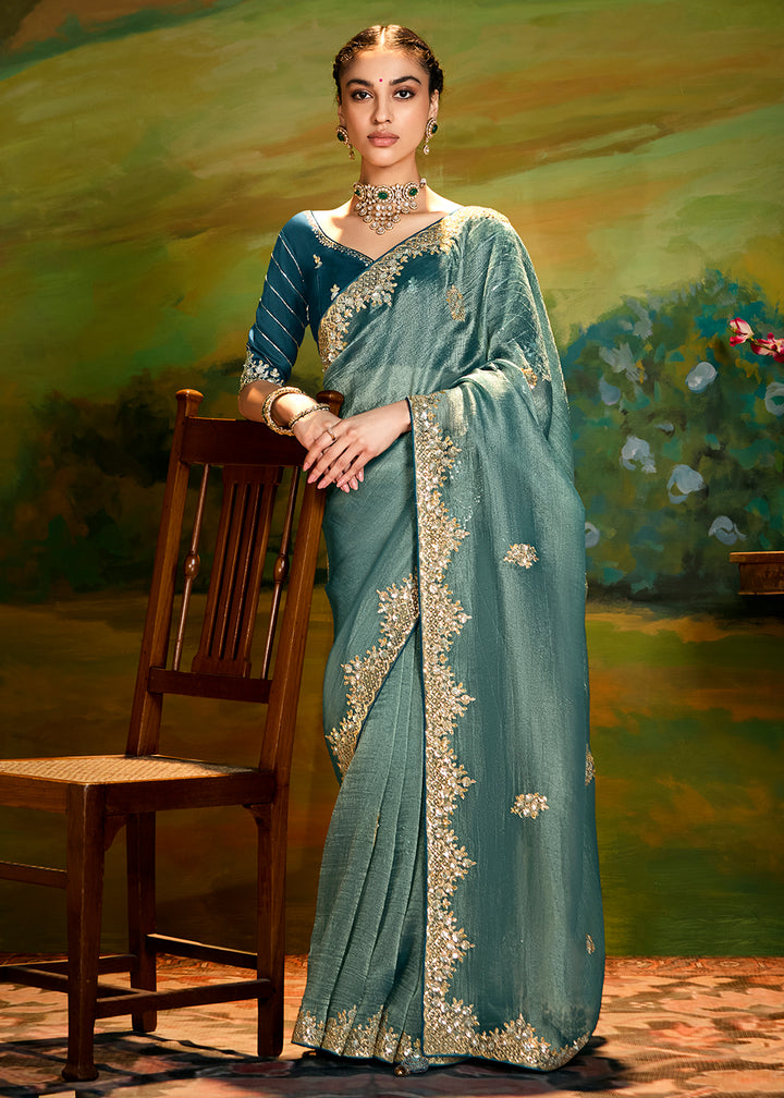 Buy Fancy Fabric Mint Green Festie Party Designer Saree Online in USA, UK, Canada, Spain, France, Germany, Italy, Austria, UAE & Worldwide at Empress Clothing.