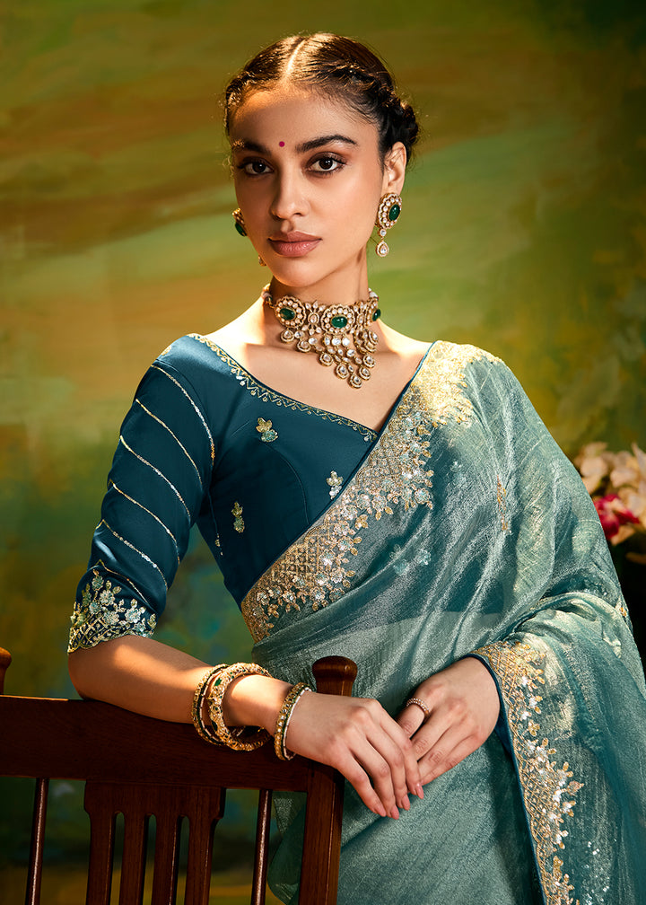 Buy Fancy Fabric Mint Green Festie Party Designer Saree Online in USA, UK, Canada, Spain, France, Germany, Italy, Austria, UAE & Worldwide at Empress Clothing.