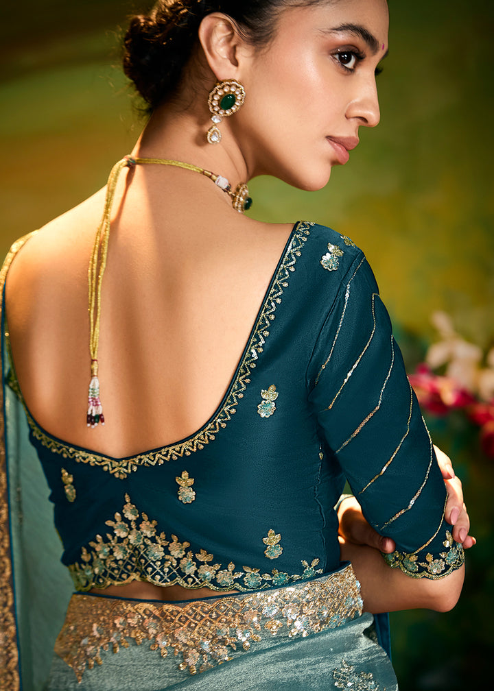 Buy Fancy Fabric Mint Green Festie Party Designer Saree Online in USA, UK, Canada, Spain, France, Germany, Italy, Austria, UAE & Worldwide at Empress Clothing.