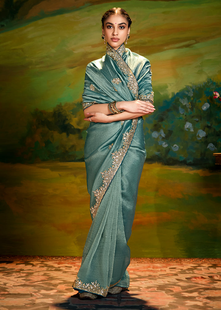 Buy Fancy Fabric Mint Green Festie Party Designer Saree Online in USA, UK, Canada, Spain, France, Germany, Italy, Austria, UAE & Worldwide at Empress Clothing.