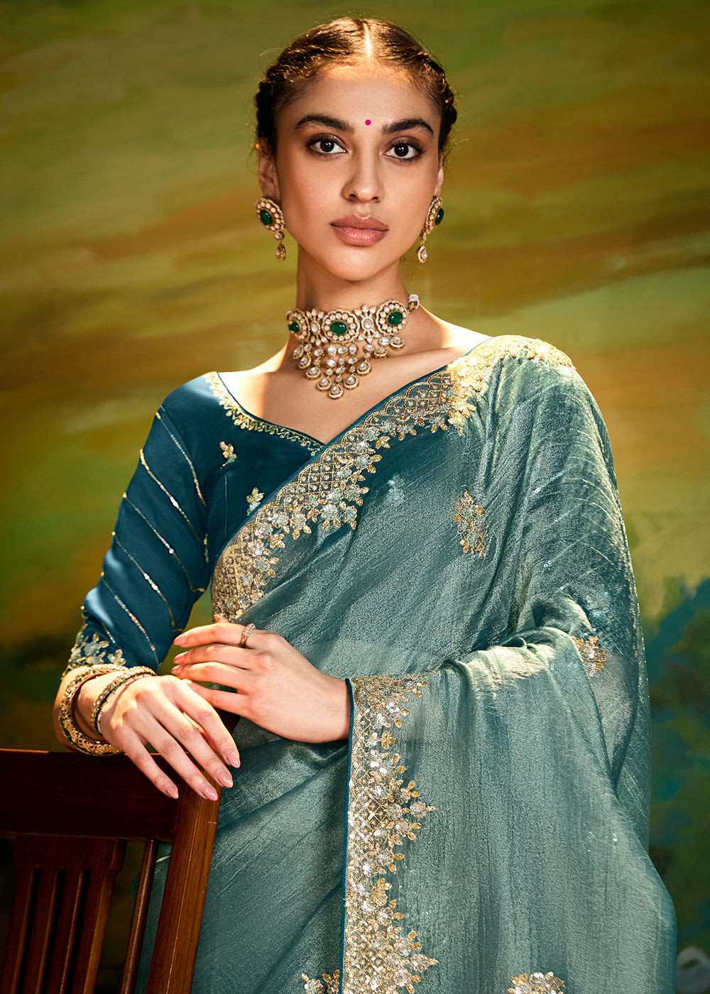 Buy Fancy Fabric Mint Green Festie Party Designer Saree Online in USA, UK, Canada, Spain, France, Germany, Italy, Austria, UAE & Worldwide at Empress Clothing.