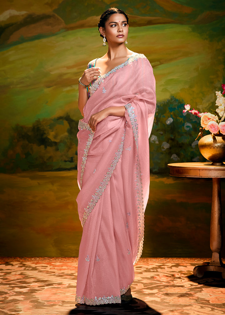 Buy Fancy Fabric Coral Pink Festie Party Designer Saree Online in USA, UK, Canada, Spain, France, Germany, Italy, Austria, UAE & Worldwide at Empress Clothing.