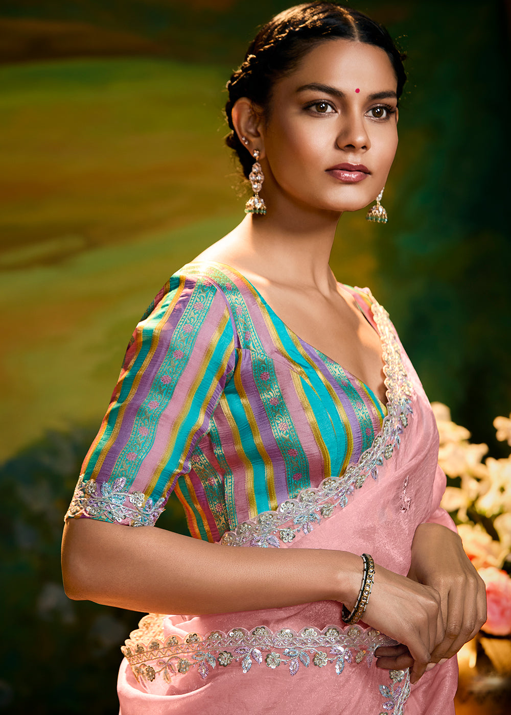 Buy Fancy Fabric Coral Pink Festie Party Designer Saree Online in USA, UK, Canada, Spain, France, Germany, Italy, Austria, UAE & Worldwide at Empress Clothing.