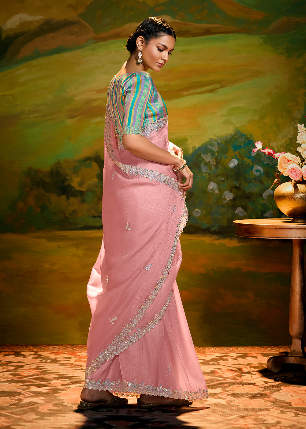 Buy Fancy Fabric Coral Pink Festie Party Designer Saree Online in USA, UK, Canada, Spain, France, Germany, Italy, Austria, UAE & Worldwide at Empress Clothing.