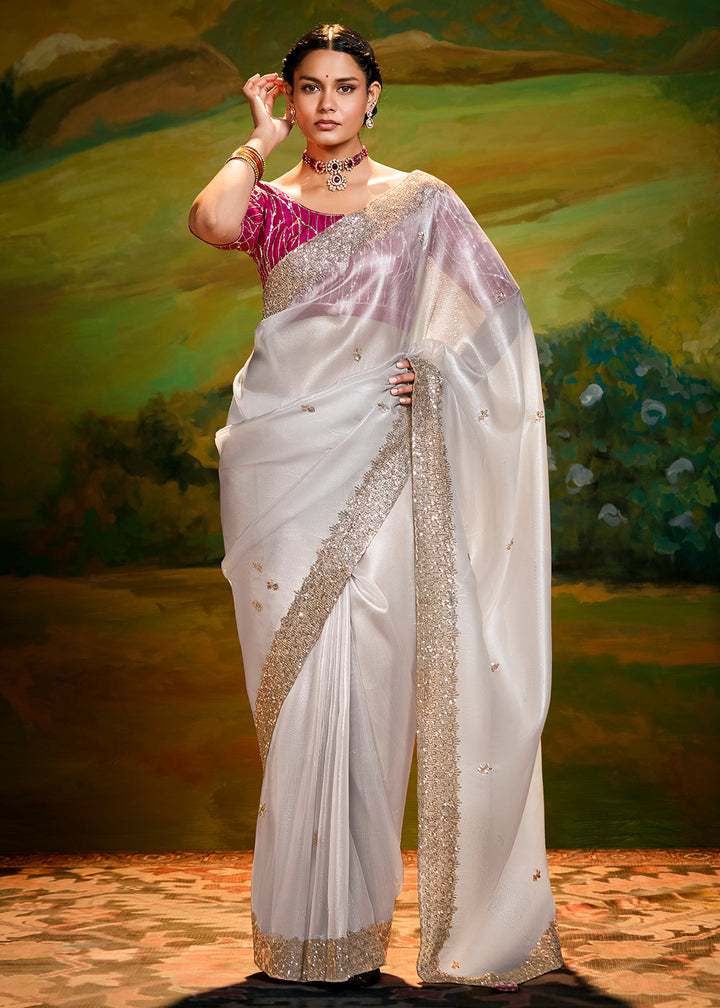 Buy Fancy Fabric White Festie Party Designer Saree Online in USA, UK, Canada, Spain, France, Germany, Italy, Austria, UAE & Worldwide at Empress Clothing.