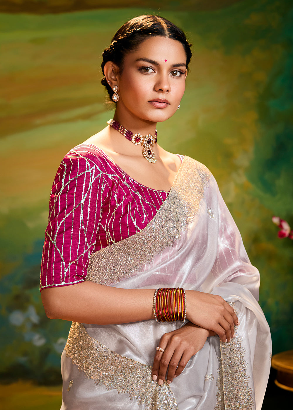 Buy Fancy Fabric White Festie Party Designer Saree Online in USA, UK, Canada, Spain, France, Germany, Italy, Austria, UAE & Worldwide at Empress Clothing.