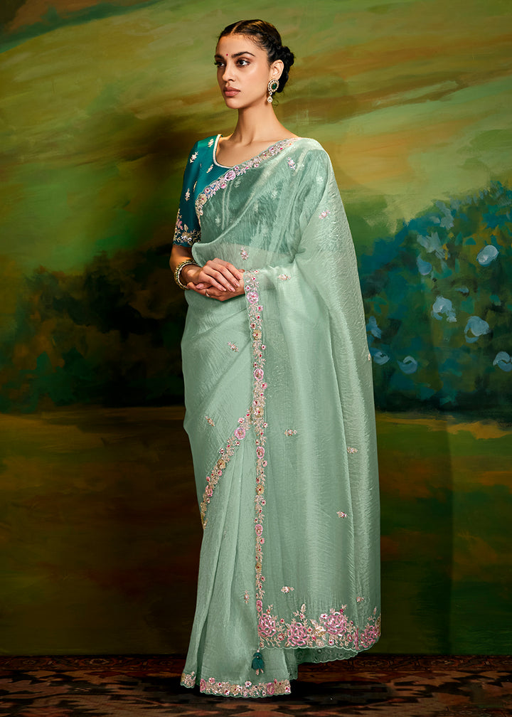 Buy Fancy Fabric Sea Green Festie Party Designer Saree Online in USA, UK, Canada, Spain, France, Germany, Italy, Austria, UAE & Worldwide at Empress Clothing.