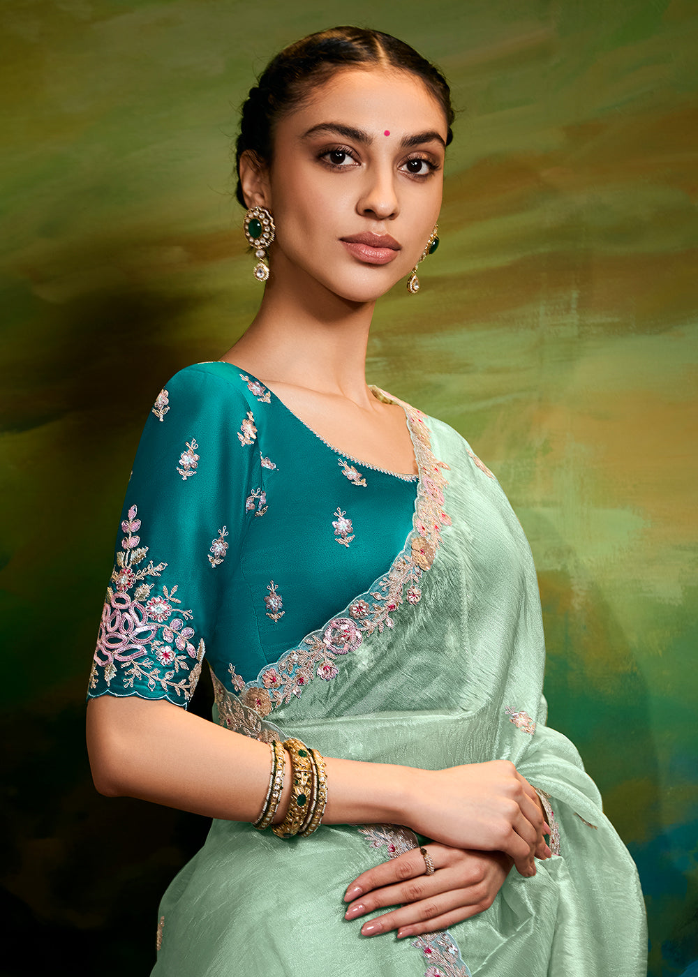Buy Fancy Fabric Sea Green Festie Party Designer Saree Online in USA, UK, Canada, Spain, France, Germany, Italy, Austria, UAE & Worldwide at Empress Clothing.