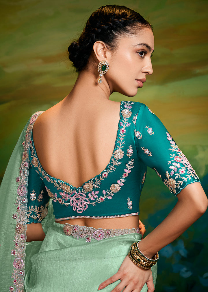 Buy Fancy Fabric Sea Green Festie Party Designer Saree Online in USA, UK, Canada, Spain, France, Germany, Italy, Austria, UAE & Worldwide at Empress Clothing.