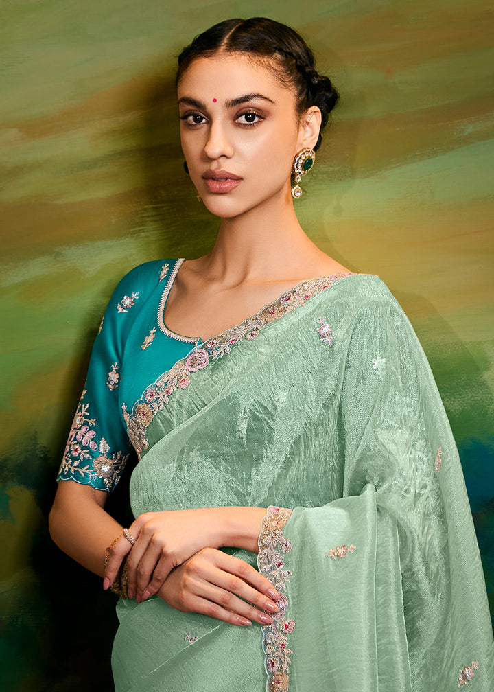 Buy Fancy Fabric Sea Green Festive Party Designer Saree Online in USA, UK, Canada, Spain, France, Germany, Italy, Austria, UAE & Worldwide at Empress Clothing.