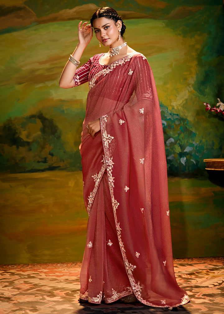 Buy Fancy Fabric Rust Maroon Festive Party Designer Saree Online in USA, UK, Canada, Spain, France, Germany, Italy, Austria, UAE & Worldwide at Empress Clothing