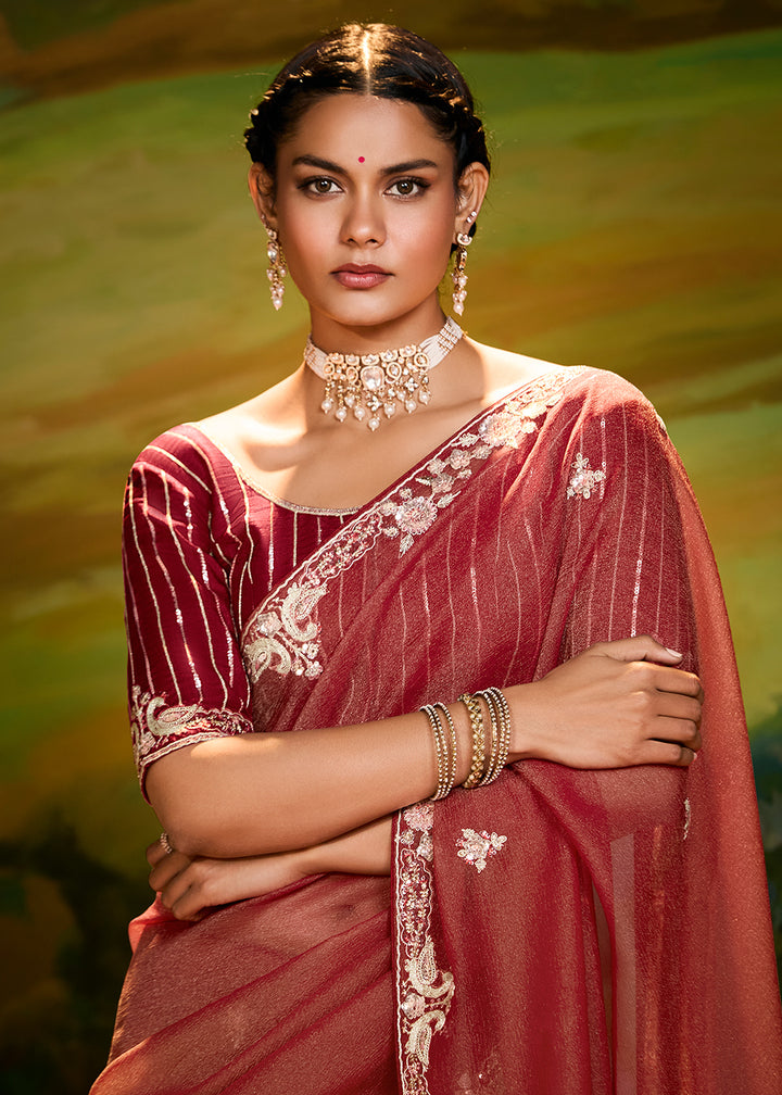 Buy Fancy Fabric Rust Maroon Festive Party Designer Saree Online in USA, UK, Canada, Spain, France, Germany, Italy, Austria, UAE & Worldwide at Empress Clothing