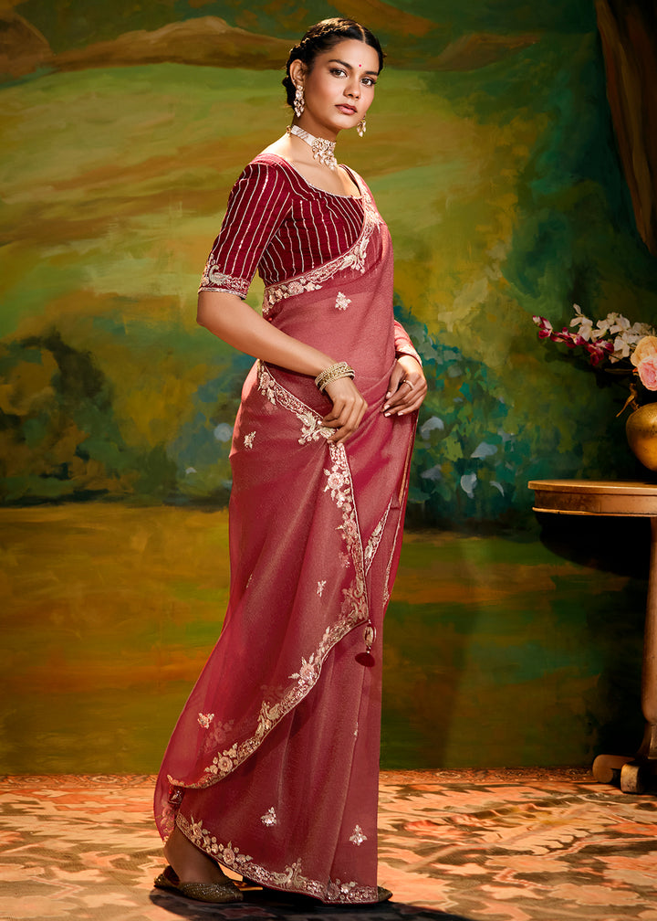 Buy Fancy Fabric Rust Maroon Festive Party Designer Saree Online in USA, UK, Canada, Spain, France, Germany, Italy, Austria, UAE & Worldwide at Empress Clothing