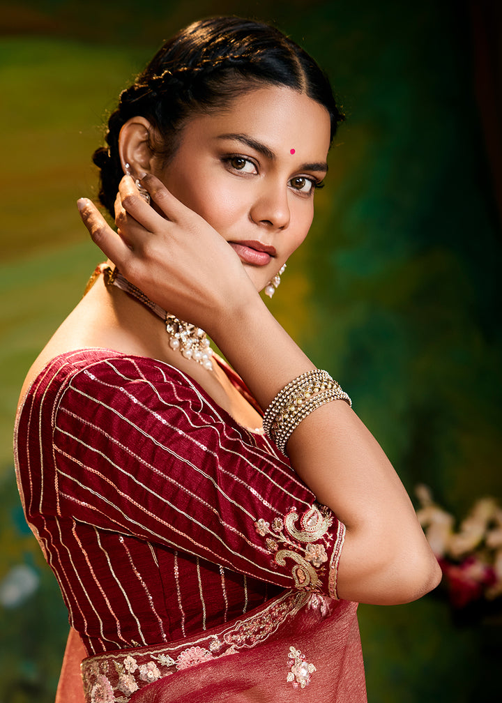 Buy Fancy Fabric Rust Maroon Festive Party Designer Saree Online in USA, UK, Canada, Spain, France, Germany, Italy, Austria, UAE & Worldwide at Empress Clothing