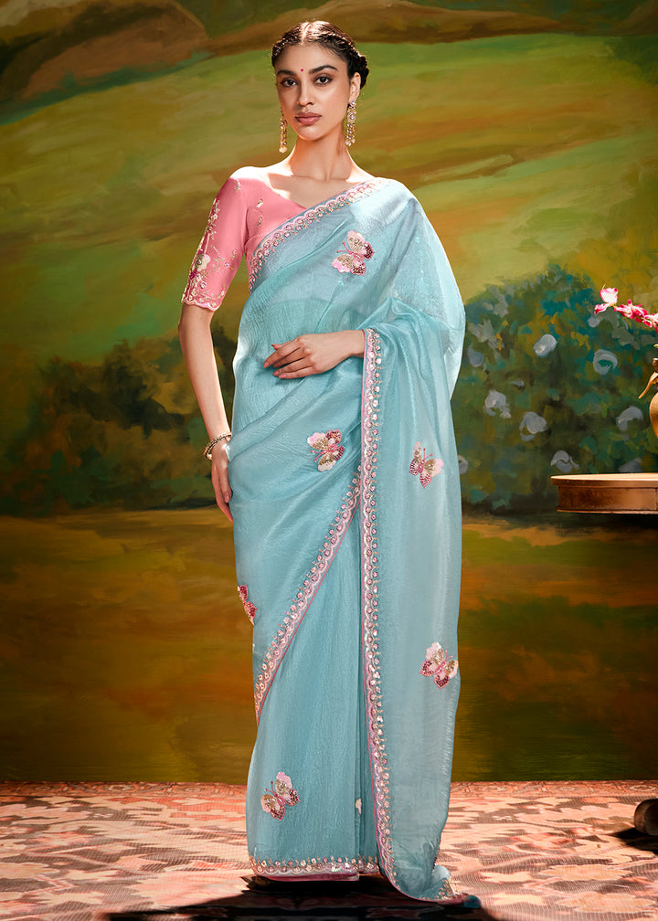 Buy Fancy Fabric Sky Blue Festive Party Designer Saree Online in USA, UK, Canada, Spain, France, Germany, Italy, Austria, UAE & Worldwide at Empress Clothing.