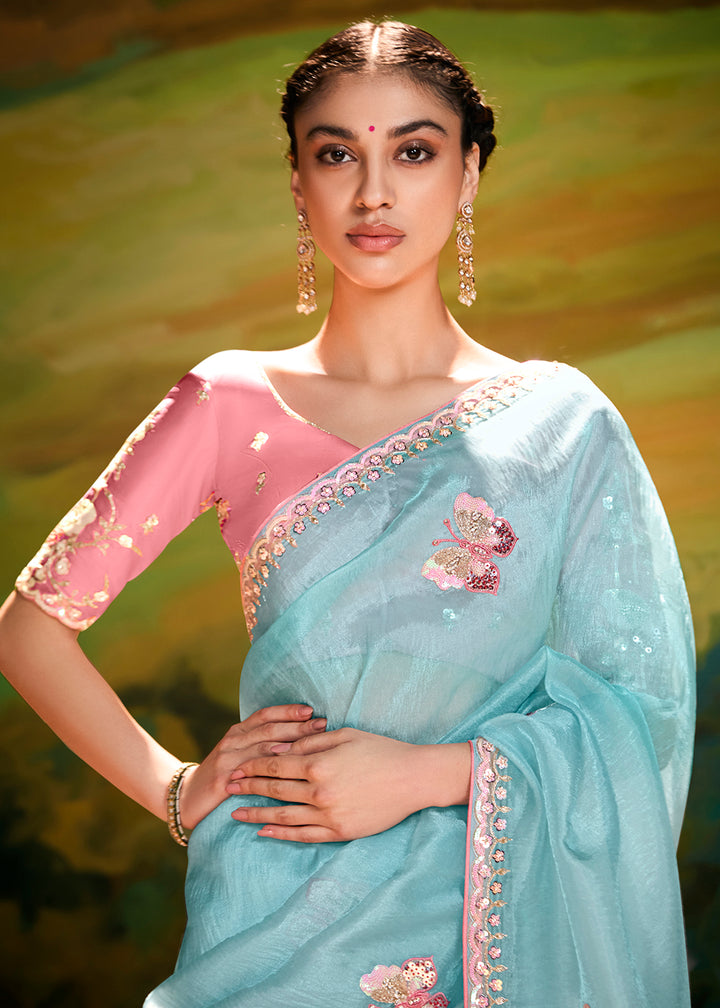 Buy Fancy Fabric Sky Blue Festive Party Designer Saree Online in USA, UK, Canada, Spain, France, Germany, Italy, Austria, UAE & Worldwide at Empress Clothing.