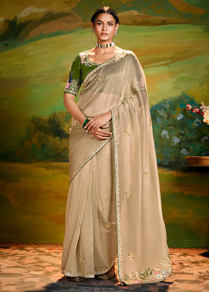 Buy Fancy Fabric Cream Festive Party Designer Saree Online in USA, UK, Canada, Spain, France, Germany, Italy, Austria, UAE & Worldwide at Empress Clothing.