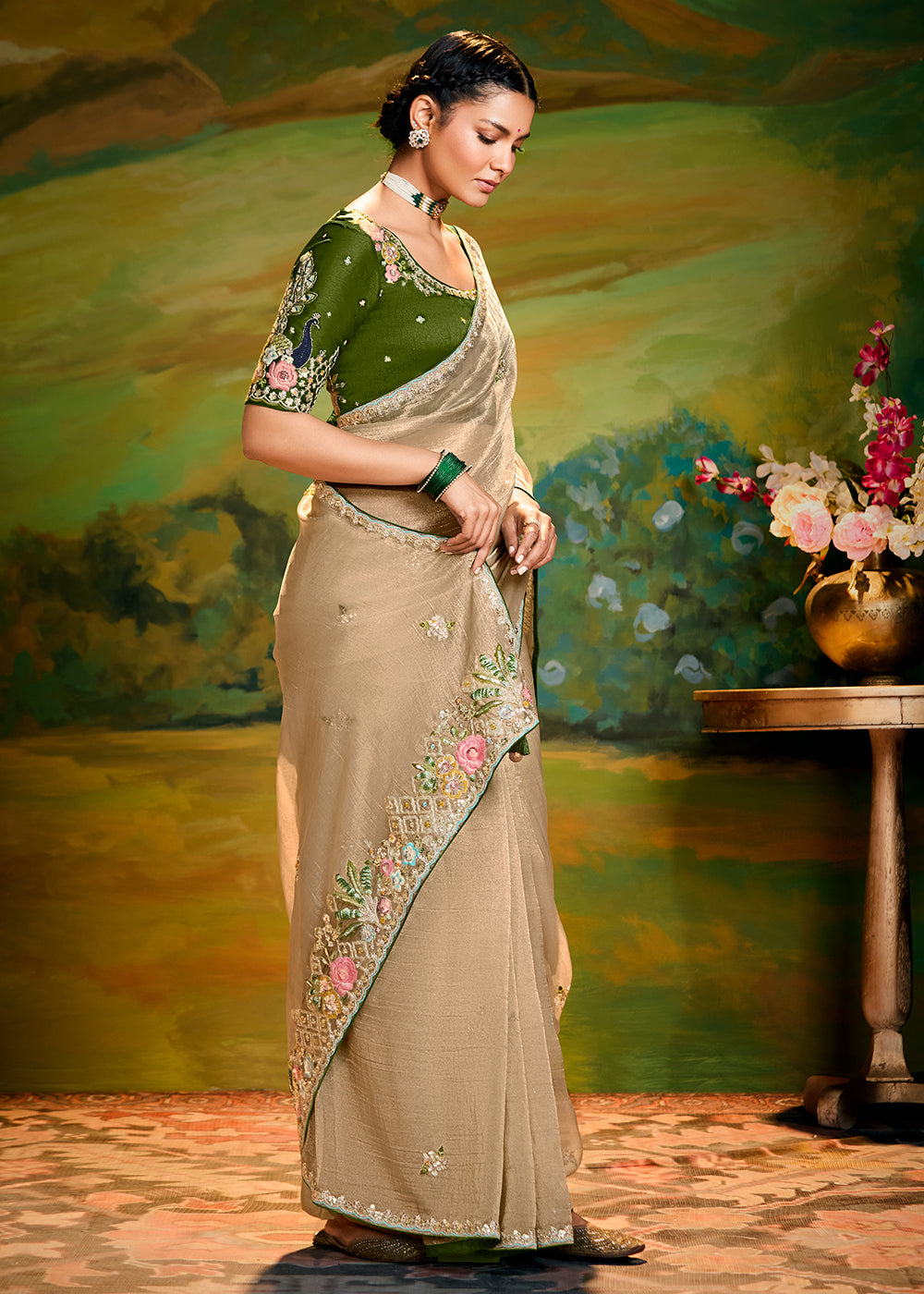 Buy Fancy Fabric Cream Festive Party Designer Saree Online in USA, UK, Canada, Spain, France, Germany, Italy, Austria, UAE & Worldwide at Empress Clothing.